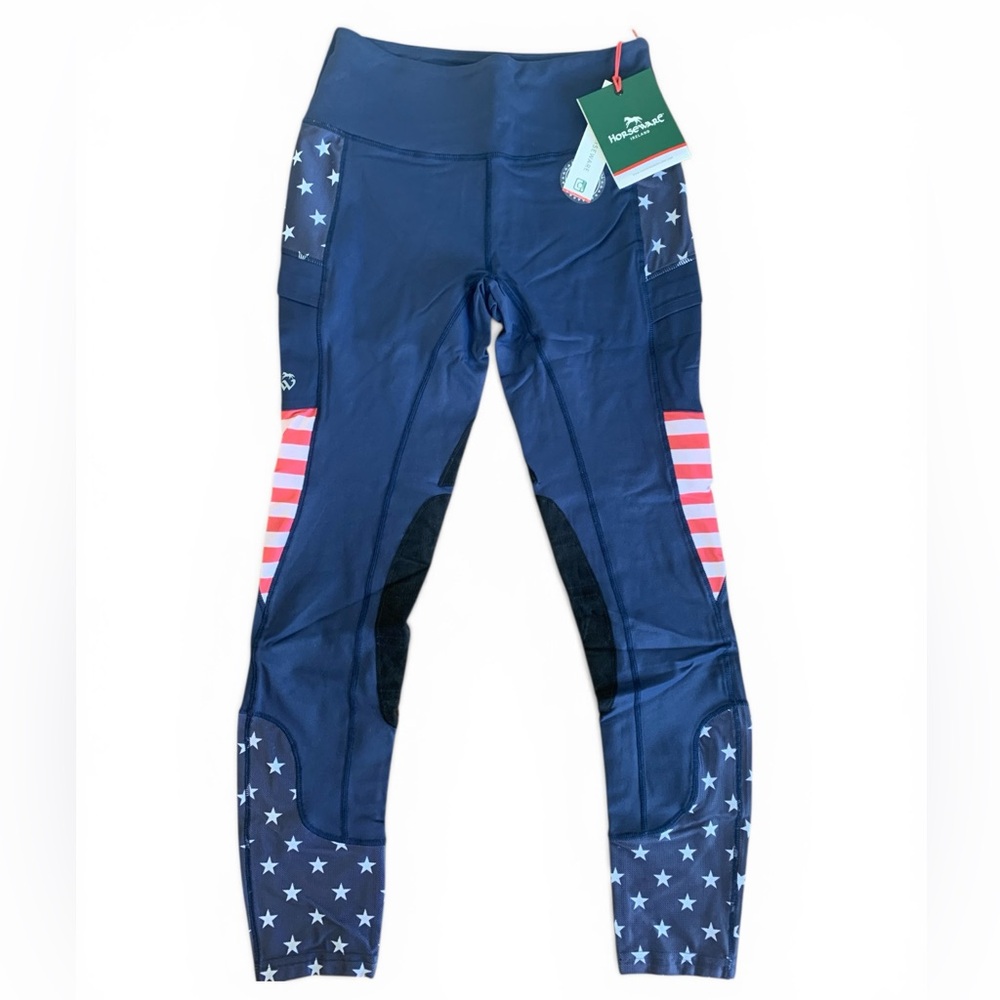 Horseware Ireland USA Riding Tights Medium Navy Stars Stripes Knee Patch NWT